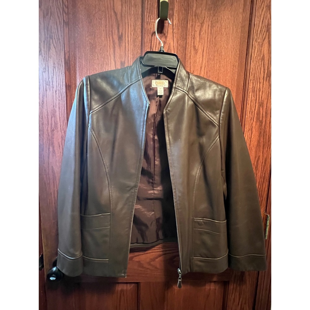 Talbots Petites Brown Leather Jacket Size 12P Full Zip Collarless Moto Blazer